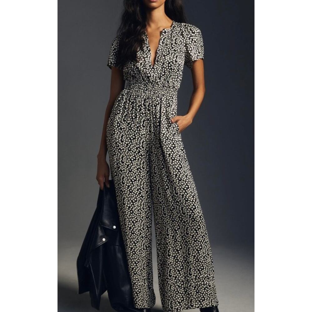 Anthropologie The Somerset Jumpsuit Womens 2X Plus Black White Floral Wide Leg